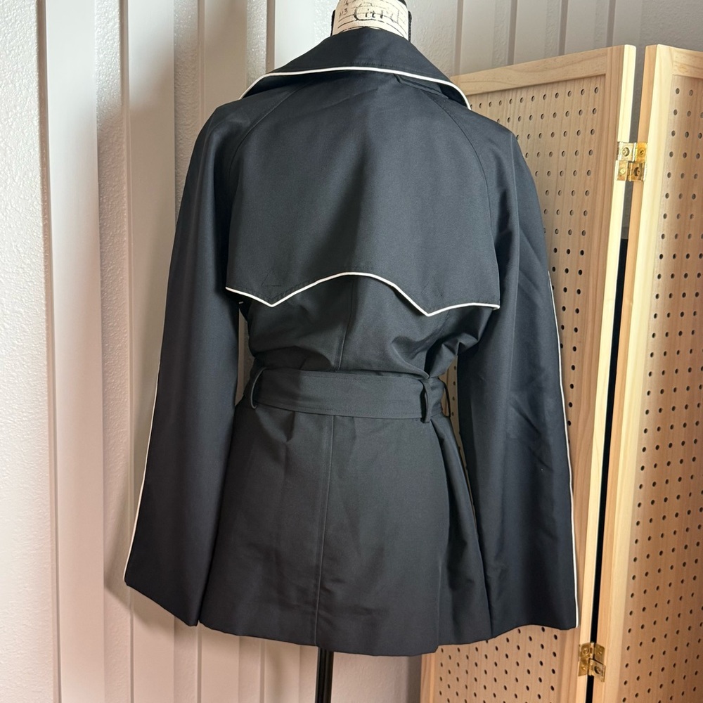 Chaps Ralph Lauren Black Trench Coat White Piping Belted Double Breasted L - Picture 6 of 10